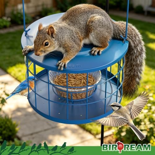 Birdream Metal Cage Bird Feeder for Outdoors Hanging with Glass Bowl, Blue