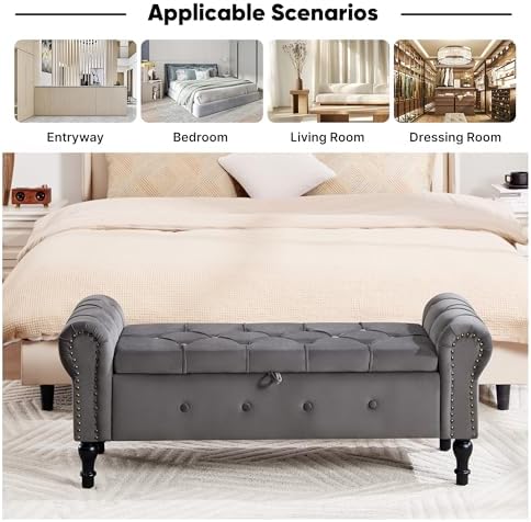 Storage Bench 51" Velvet End of Bed Benches Dark Grey