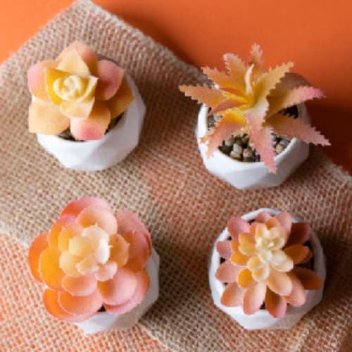 VIVERIE Mini Orange Artificial Succulent in Pots (White Ceramic, 4 Pot Set) Fake Plants for Indoors, Office Home Halloween/Christmas Decor Gifts-Faux Plant Gifts for Women