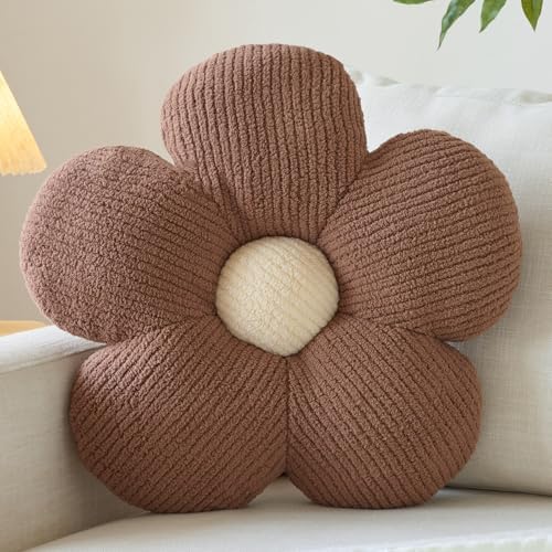 Flower Pillow, Decorative Throw Pillow for Couch, Cute Decor Pillows for Bed, Aesthetic Flower Shaped Pillow Fun Cushion (Brown, 19.6 Inches)