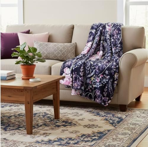 Soft Fleece Throw Blanket, Bohemian Boho Blue Floral Purple Pink, 50x70