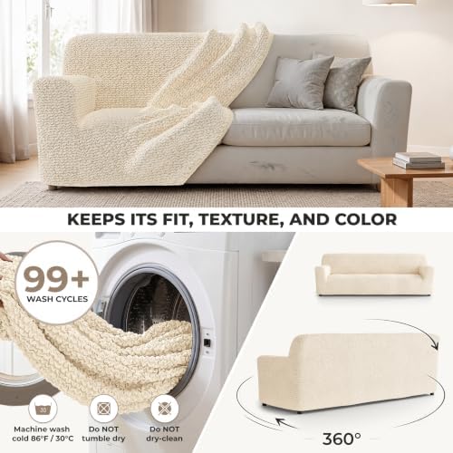 PAULATO Premium Stretch Couch Covers for Sofa - Sofa Chair Cover Washable, Dogs & Pets Friendly - Elastic Polyester Loveseat Slipcovers - Non-Slip Love Seat Couch Covers - Cream (86"-120" Wide)