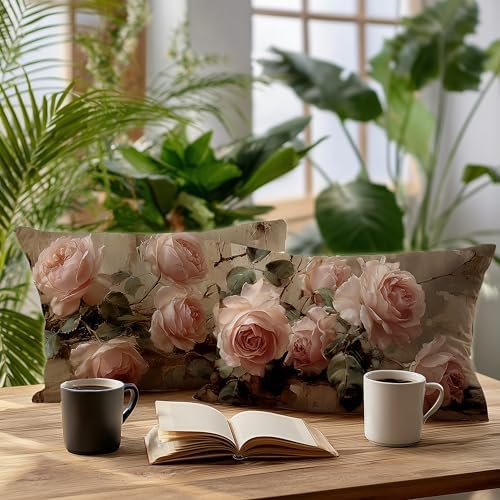 Vintage Pink Rose Floral Small Decorative Lumbar 12x20 Pillow Covers Decor,Pink Flower Rustic Cottagecore Decorative Throw Pillow Cover for Home Bedroom Room Decor Double-Sided Set of 2