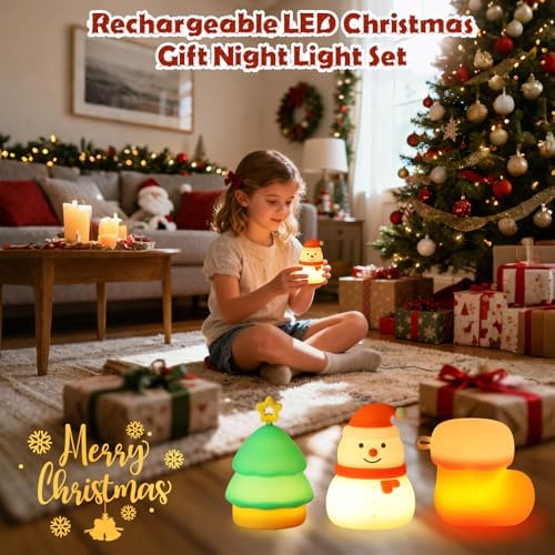 Christmas Night Light Set of 3,Rechargeable Dimmable Christmas Snowman Night Lamp,Cute Christmas Tree Decor Nightlight for Nursery Kids Hangable Squishy Silicone Boot Lights Gifts Holiday Decor