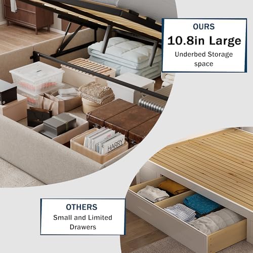 GalnFu Full Size Bed Frame with Storage, Upholstered Full Lift up Storage Bed Frame with Charging Station, Button Tufted Headboard, No Box Spring Needed, Easy Assembly, Noise Free, Beige