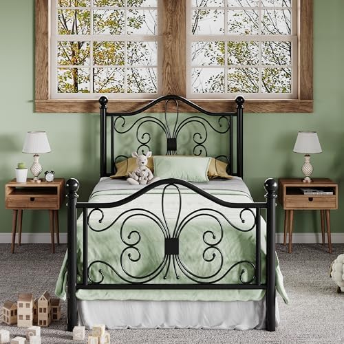 Allewie Metal Twin Platform Bed Frame, Butterfly Pattern Design, Black