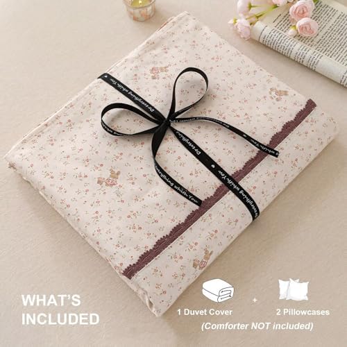 Floral Full Size Cotton Duvet Cover Set with 2 Pillowcases,80"×90"