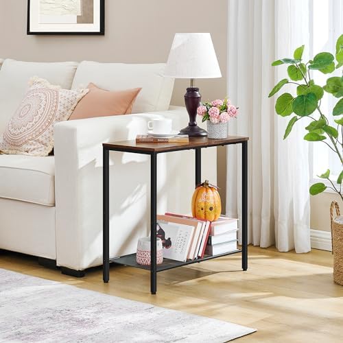 Hoctieon 2 Tier End Table, Sofa Side Table, Narrow Side Table with Storage, Slim Nightstand for Small Spaces, Metal Frame, for Living Room, Bedroom, Sofa Couch, Hall, Rustic Brown
