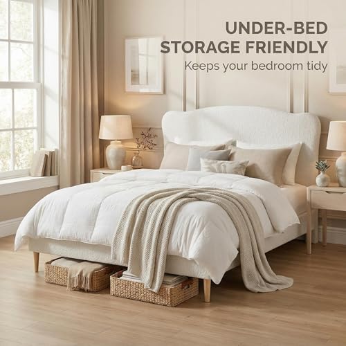 Garvee Bouclé Queen Size Bed Frame with Upholstered Headboard, White