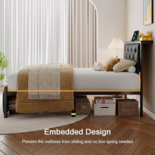 Einhomn Twin Bed Frame with Storage Drawer, Metal Platform Bed with Charging Station, Upholstered Faux Leather Button Tufted Storage Headboard, No Box Spring Needed, Noise-Free, Easy Assembly, Black