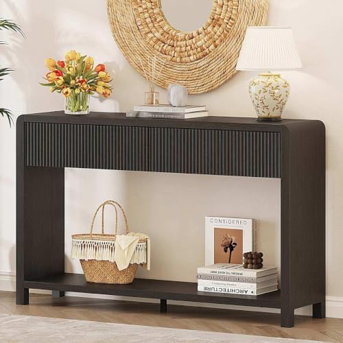 FATORRI Console Table with Storage for Entryway, 47.2 Inch Modern Black Sofa Table with 2 Drawers for Living Room, Wood Hallway Tables Behind Couch for Foyer, Bedroom, Dining