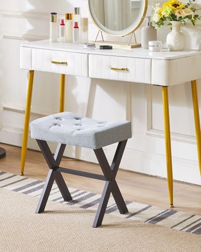 IBUYKE U-Shaped Linen Vanity Stool, X-Leg Makeup Chair, Blue Gray WBD018L