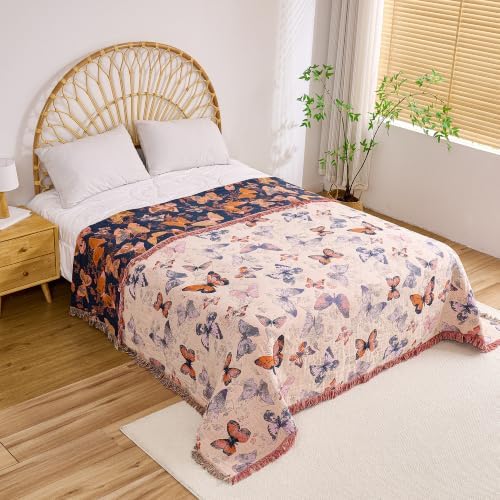 VANJOROY Boho Throw Blanket, 100% Organic Cotton Breathable Ultra Soft 91" x 108" King Bed Quilt Throw - All Season Floral Rustic Farmhouse Decor Luxury Blanket for Sofa Couch Chair and Gift