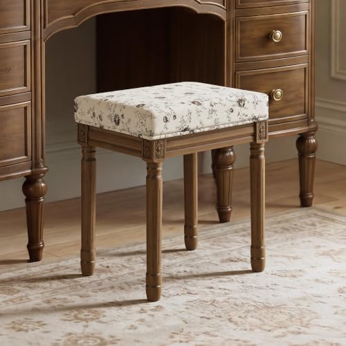 LUE BONA Vintage French Vanity Bench Stool, Upholstered Floral Makeup Chair