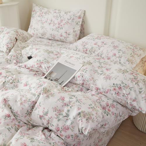 HighBuy Chic Floral Duvet Cover Full Size,3 Pieces Extra Soft Cotton Bedding Set for Kids & Adults,Vintage Pink Floral Farmhouse Comforter Cover Sets 1 Duvet Cover and 2 Pillowcases