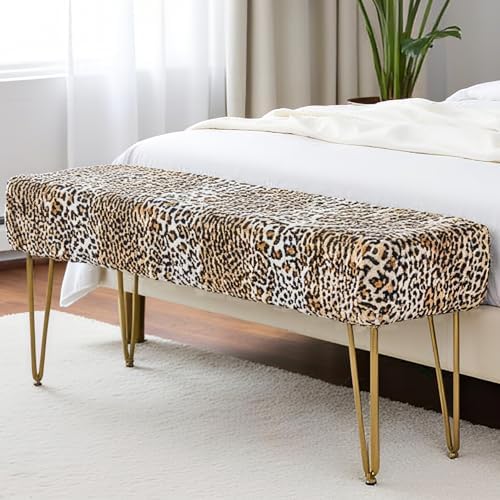 Leopard Print Rectangle Ottoman 46"x16"x22" Faux Fur Entryway Bench Footrest Stool Accent Seating Cheetah Furry Ottoman Bedroom Vanity End of Bed for Bathroom Living Room Decor