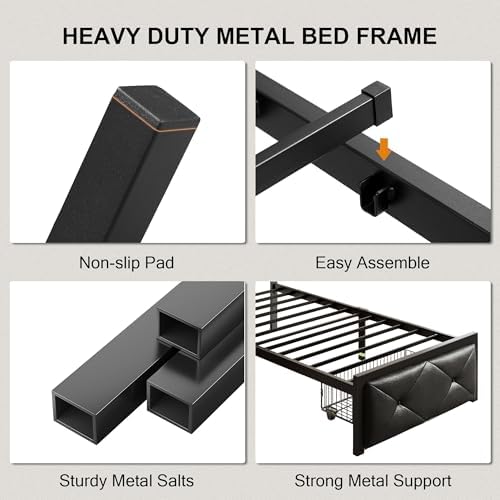 Einhomn Twin Bed Frame with Storage Drawer, Metal Platform Bed with Charging Station, Upholstered Faux Leather Button Tufted Storage Headboard, No Box Spring Needed, Noise-Free, Easy Assembly, Black