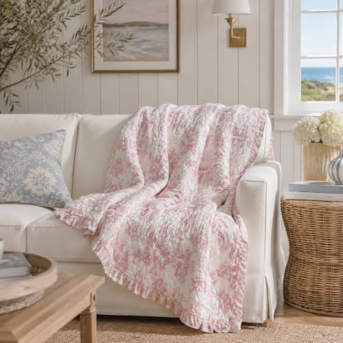 Brandream Pink Toile Quilted Throw Blanket 47" x 60" Cozy Cotton Decorative Blanket French Country Cottage Floral Quilt Throw for Bed Couch Sofa Daybed All-Season Coverlet