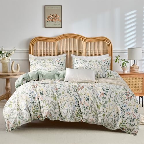 Botanical Duvet Cover Set 100% Cotton Queen(90"x90"),White/Sage Green