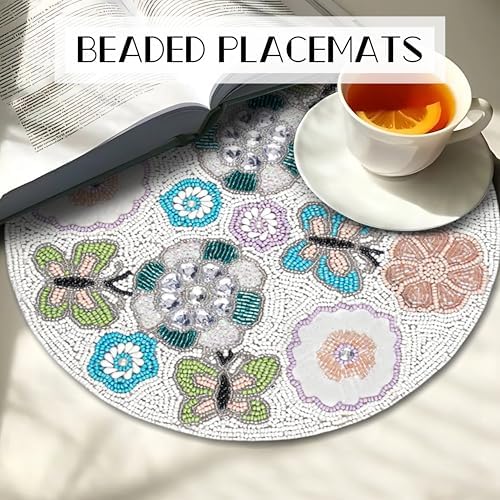 Beaded Round Placemats Set of 1, 13 Inch Butterfly Floral Ivory Multi