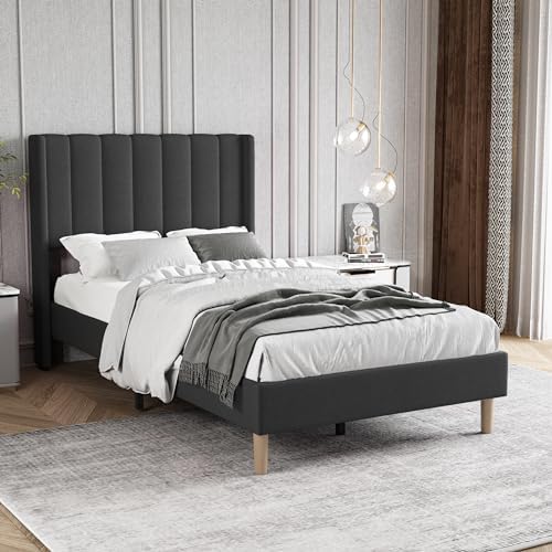 Twin Size Bed Frame with Linen Upholstered Headboard, Black