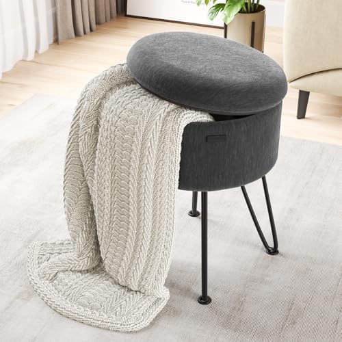 Round Ottoman with Storage, Textured Velvet Storage Ottoman, Foot Stool Ottomans, Makeup Vanity Stool, Small Ottomans Foot Rest, Modern Vanity Stools for Living Room and Bedroom, Grey