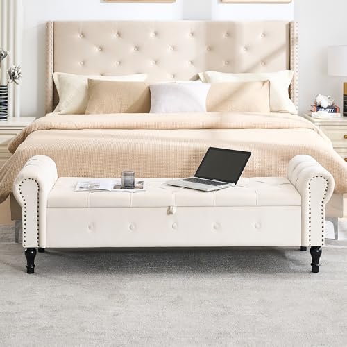 Storage Bench 67" Velvet End of Bed Benches Cream Beige