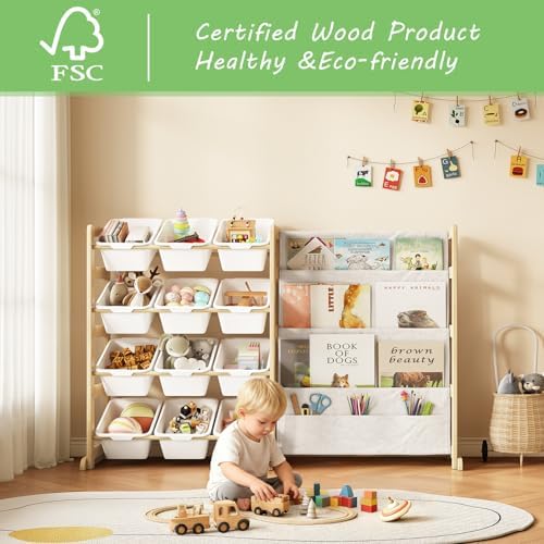 EXPERLAM Toy Storage Organizer with Bookshelf, Kids Toy Organizer and Storage Shelf with 12 White Bins, Solid Pine Wood Book Rack for Playroom, Nursery, Kids Room, Toys and Books