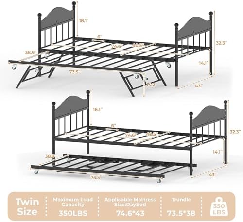 Garvee Daybed with Pop Up Trundle, Twin Trundle Beds for Guest Room, Black