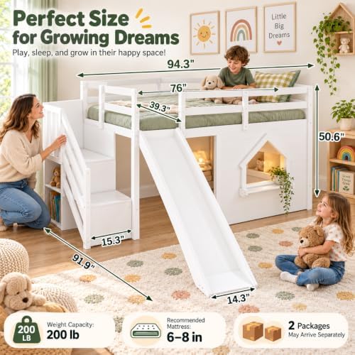Twin Loft Bed with Slide for Kids, LED Lights & Storage, White