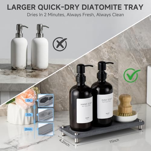 2 Pack Kitchen Soap Dispenser Set - 16oz Black Glass Dish and Hand Soap Dispenser with Stainless Steel Pump, Instant Dry Tray, Dish Brush & Holder, Refillable Countertop Sink Decor for Kitchen & Bath