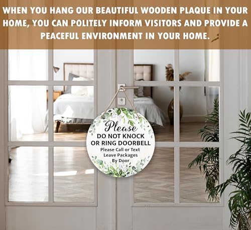Please Do Not Knock Or Ring Doorbell Hanging Sign, Greenery Wooden Round Door Hanger For House Gate Fence Yard Front Door, Not Disturb No Soliciting Sign For Outdoor Porch -06