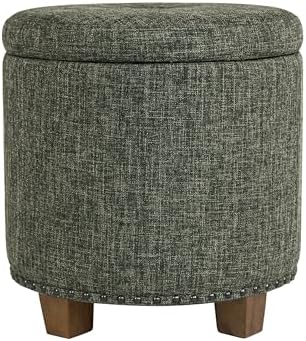 HomePop 18.5" Round Storage Ottoman with Nailheads - Green Clover Fabric