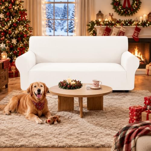 XINEAGE Stretch 4 Seater Slipcover, Non-Slip Pet Couch Cover,Beige White