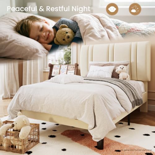 SHA CERLIN Twin Size Velvet Bed Frame with Adjustable Headboard, Cream