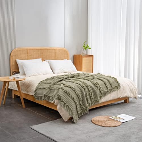 Ultra Soft Pre-Washed Quilted Throw Blanket, Ruffle Fringed Army Green Decorative Throw, Stone Washed Chic Rustic Blanket for Sofa Couch Bed, 50"x 60"
