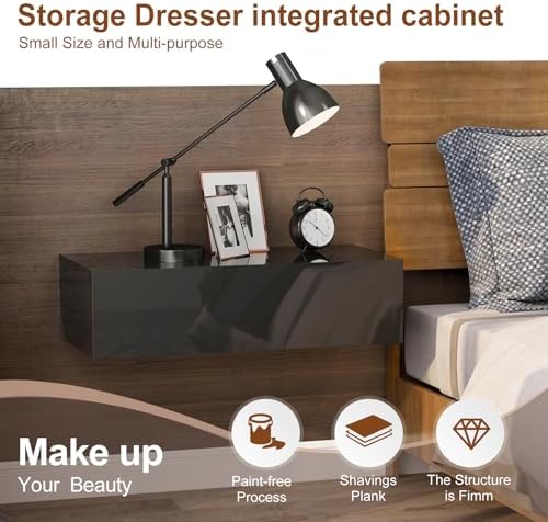 HedoAjim Black Modern Floating Wall Mounted Nightstand with Drawer Storage Wood Bedside Table Small Wall Shelf for Bedroom Living Room