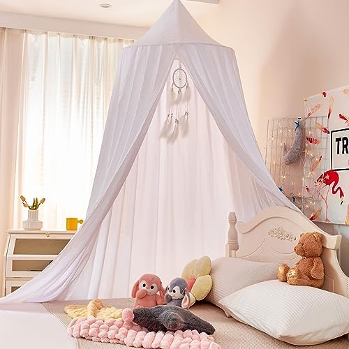 Princess Bed Canopy for Kids Baby Bed, Round Dome Kids Reading Nook Indoor Outdoor House Tent Hanging Decoration Cotton Canvas White