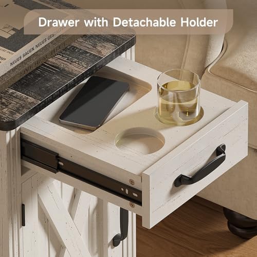 ONBRILL Farmhouse End Table Set of 2 with Charging Station,Rustic White