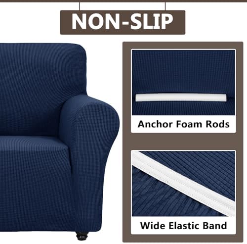 3 Piece Stretch Matching Chair and Ottoman Slipcover Set, Jacquard Arm Chair/Ottoman/Fitted Seat Covers, Non-Slip Accent Armchair and Foot Stool Slip Cover (Navy,3 Pieces Set)