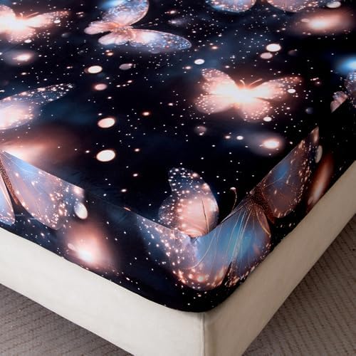 Bedding Fitted Sheet with Deep Pocket,3D Pattern Printed Fabric Bed Sheets (Black Butterfly, Queen)