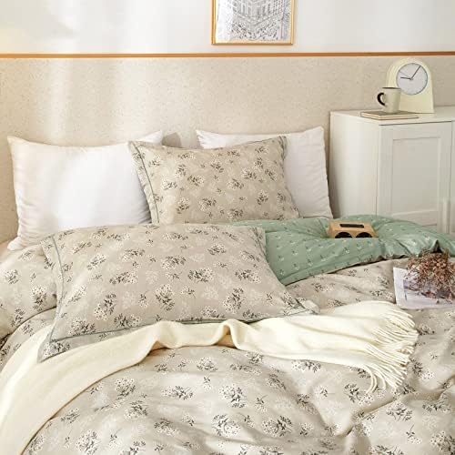 mixinni Boho Chic Printing Beige Duvet Cover Set Twin XL Vintage Green Floral Soft Cotton Bedding Comforter Cover with 1 Flower Duvet Cover 2 Pillowcases Perfect for Girls-(3pcs, Twin XL)