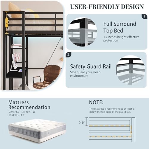 Loft Bed Twin Size with Desk and Safety Guard Rail, Twin Size Metal Bed Frame with Double Layer Shelves for Storage, No Box Spring 2 Security Ladders, Midnight Black