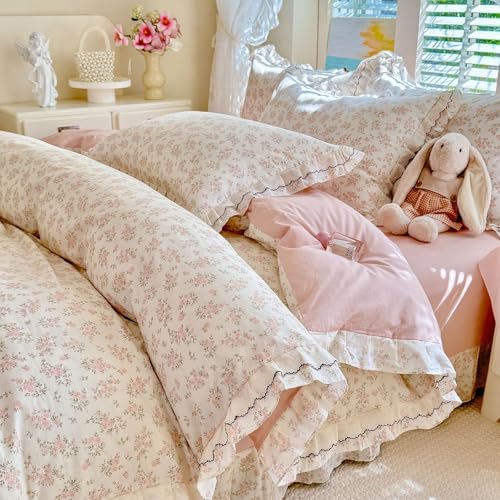 HighBuy Boho Pink Floral Duvet Cover Twin Size,100% Cotton Soft Coquette Ruffle Botanical Bedding Duvet Cover Set,Vintage Princess Flowers Shabby Chic Farmhouse Duvet Cover and Pillow Shams