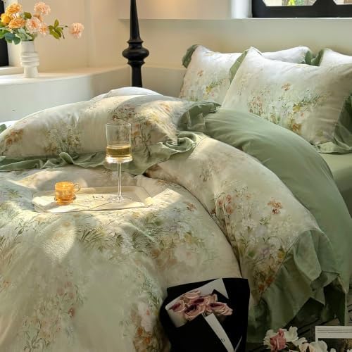 Romantic Ruffle Floral Duvet Cover Set Twin Sage Green