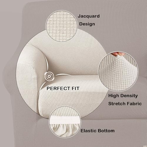 Turquoize Stretch Sofa Slipcover 2 Pieces Sofa Cover Couch Cover for 3 Cushion Couch Washable Furniture Protector Covers with Elastic Bottom Feature Thick Jacquard Fabric (Sofa, Ivory)