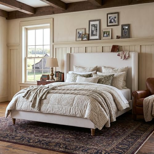 54" Tall Headboard King Upholstered Platform Bed Frame with Wingback, Modern Farmhouse Tufted Fabric Bed with Solid Wood Legs, No Box Spring Needed, Textured Ivory Canvas