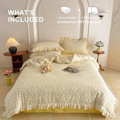 Girls Floral Duvet Cover Set Muslin Cotton Twin(68"x86"),Yellow Flower