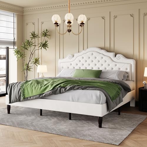 SHA CERLIN King Size Bed Frame with Adjustable Headboard/Velvet Upholstered/Diamond Button Tufted and Metal Studs/No Box Spring Needed/Sturdy Wood Slat Support/Easy Assembly/White