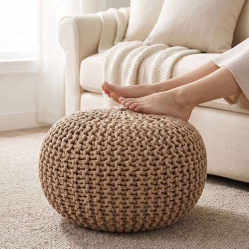 · REDEARTH · Round Pouf Ottoman - Hand Knitted Boho Poof Footrest - Beige
